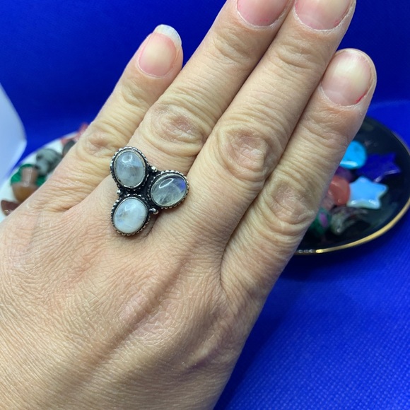 FLASH Moonstone Trio Ring! .925 Sterling Silver Plated, Size 7.25 - Picture 6 of 12